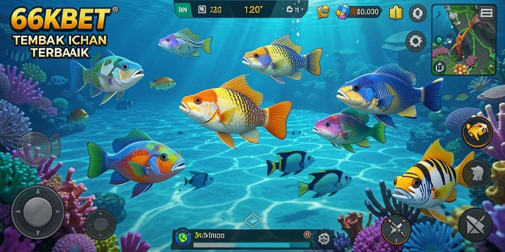 Tampilan gameplay seru di 66KBET dengan berbagai ikan untuk ditangkap.