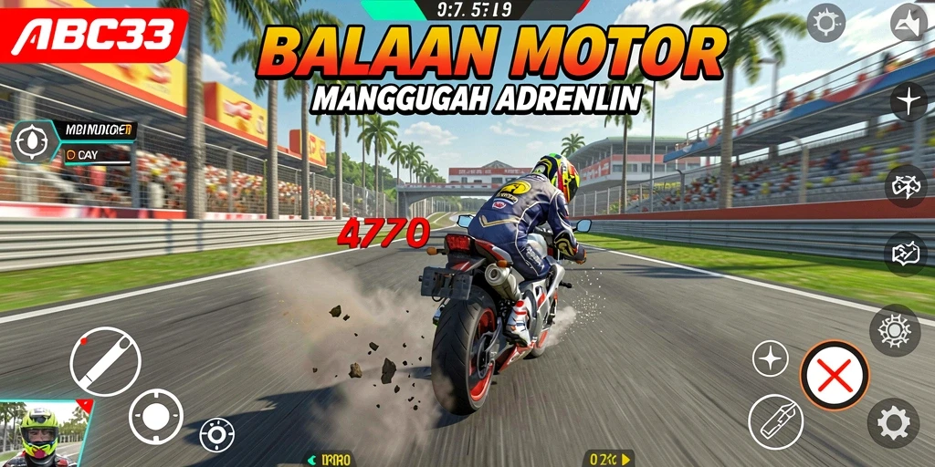 Tampilan utama gameplay <strong>ABC33</strong> saat balapan motor di trek yang menantang.