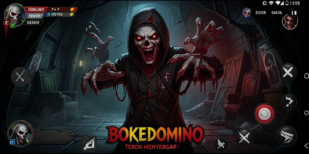 Tangkapan layar gameplay BOKEDOMINO yang menampilkan suasana horor menyeramkan.