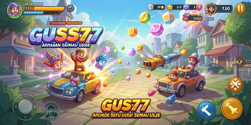 Screenshot GUS77 menampilkan karakter dan rintangan dalam gameplay arcade.