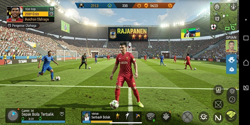 Screenshot utama RAJAPANEN menampilkan aksi seru di lapangan sepak bola.