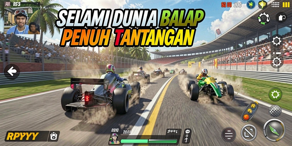 Screenshot gameplay RPYYY menampilkan mobil balap yang melaju kencang di lintasan yang menantang.