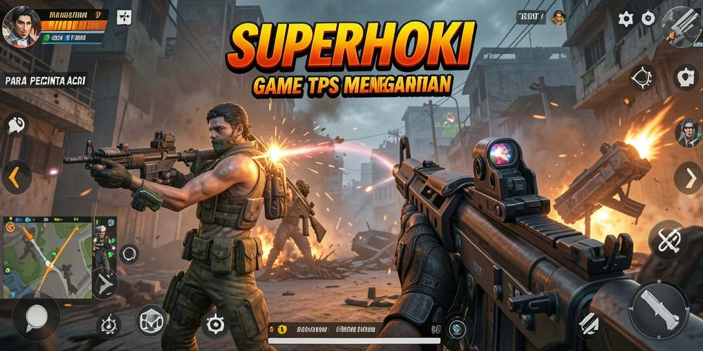 Screenshot utama SUPERHOKI menampilkan pertempuran intens dalam mode TPS.